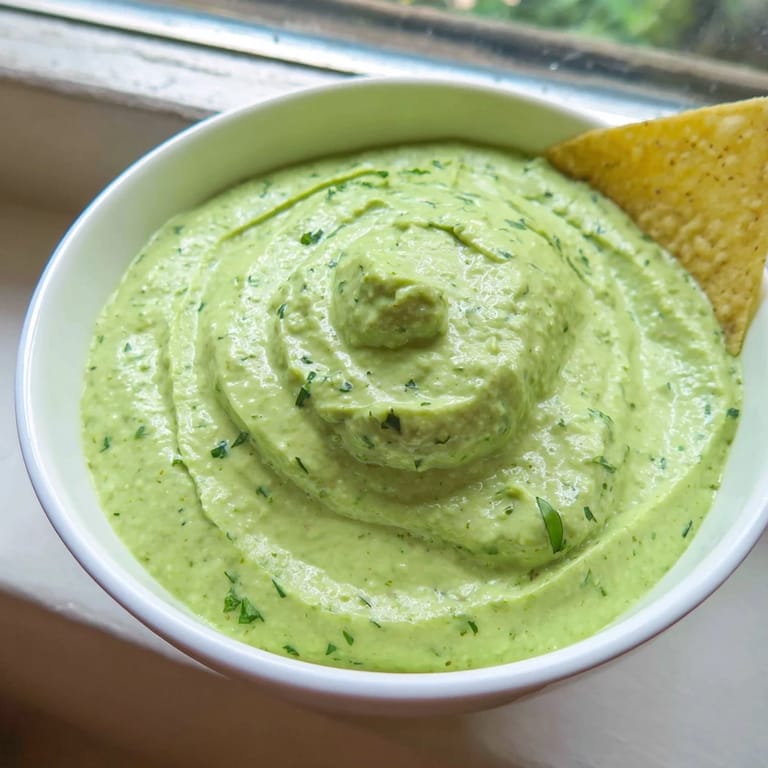 Close-up of Green Goddess Salad Dip's herb-flecked texture, alongside an array of snap peas and bell pepper strips for dipping.
