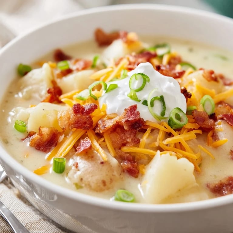 A close-up of loaded baked potato soup showing creamy texture with tender potato chunks and a dollop of tangy sour cream.