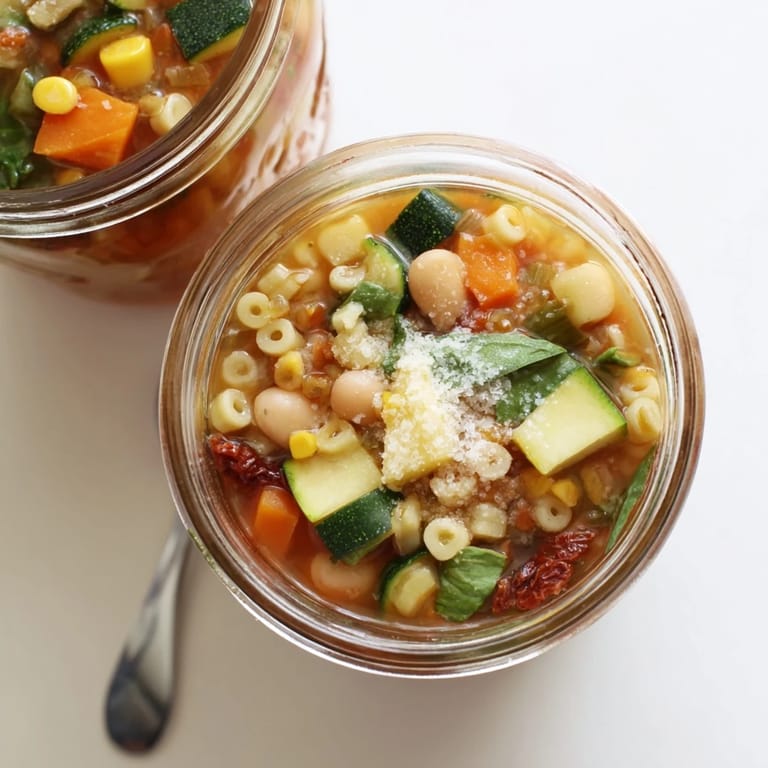 A single jar of layered Minestrone Soup ingredients, ready to be sealed and stored in the refrigerator for a quick, nourishing meal.