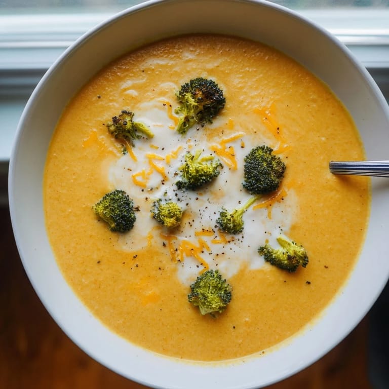 A warm bowl of Broccoli Cheddar Soup with crusty bread, highlighting roasted flavor and sharp cheddar.