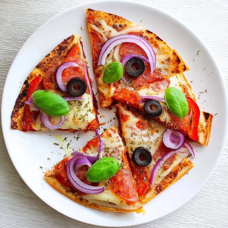 Overhead view of a triangular, pan-toasted tortilla pizza wrap loaded with pepperoni, bell peppers, and olives.  