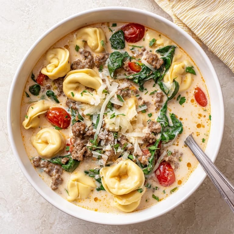 Cheese tortellini and savory ground beef swim in a creamy, tomato-studded broth, with wilted spinach adding a pop of green.