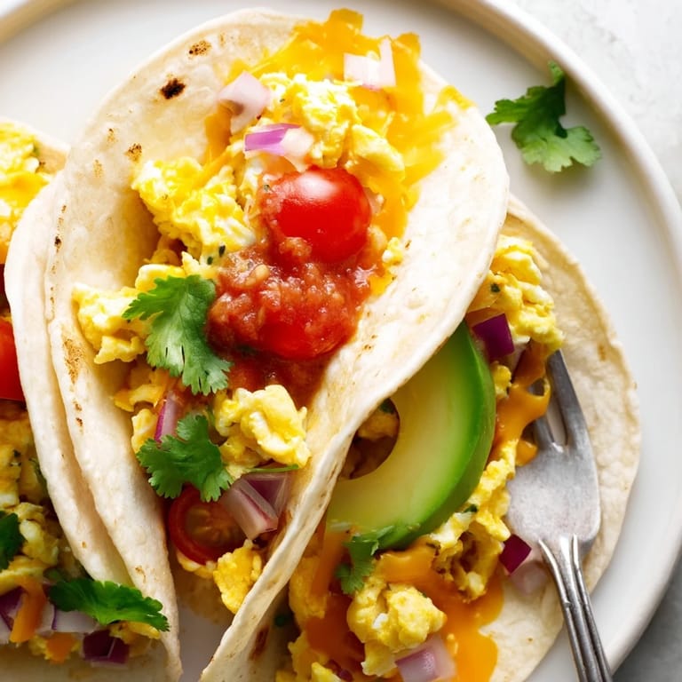 A close-up of Sheet Pan Breakfast Tacos shows golden, crispy tortilla shells brimming with eggs, crumbled sausage, and fresh cilantro garnish.