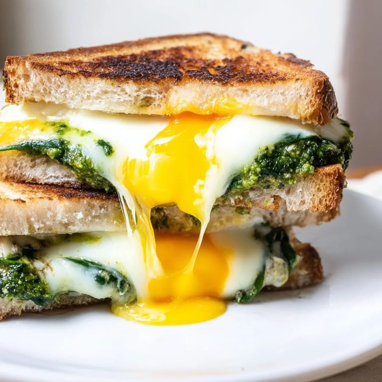 Savory Spinach Pesto Grilled Cheese features vibrant green pesto spread on toasted bread, with melted cheese pulling apart in a cozy lunch setting.  
