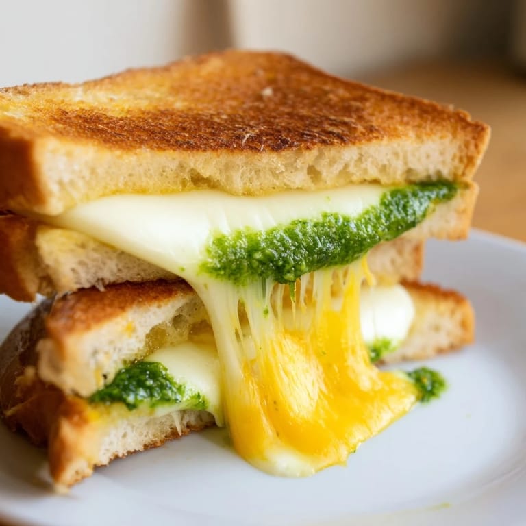 Fresh Spinach Pesto Grilled Cheese on buttery sourdough, garnished with basil and a side of tomato soup, perfect for a comforting vegetarian meal.