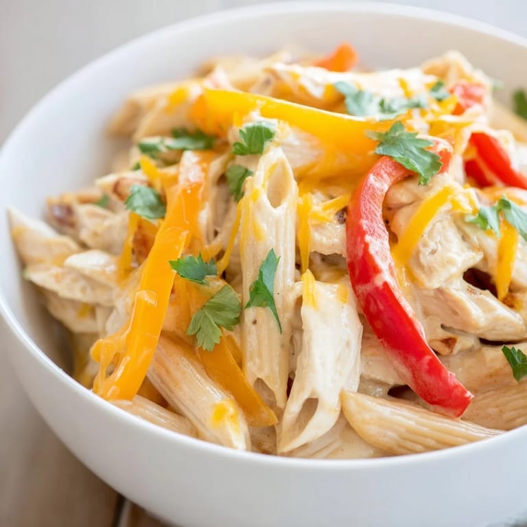 Sizzling Chicken Fajita Pasta Skillet with golden chicken, vibrant peppers, and onions simmered in a creamy, cheesy sauce, served with lime wedges.