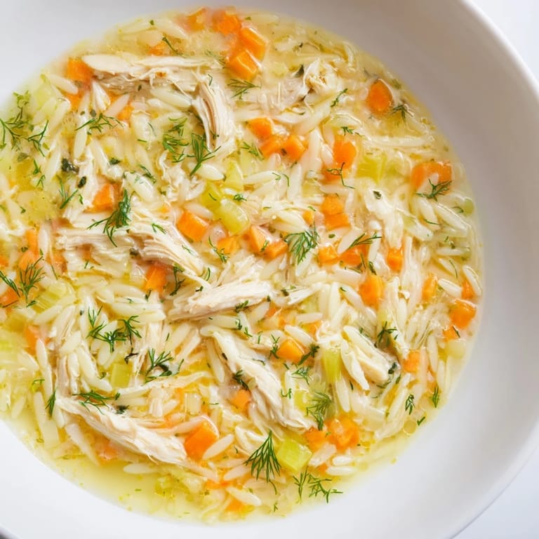 A cozy ladle of Chicken Lemon Orzo Soup garnished with parsley, with lemon wedges and steam rising nearby.