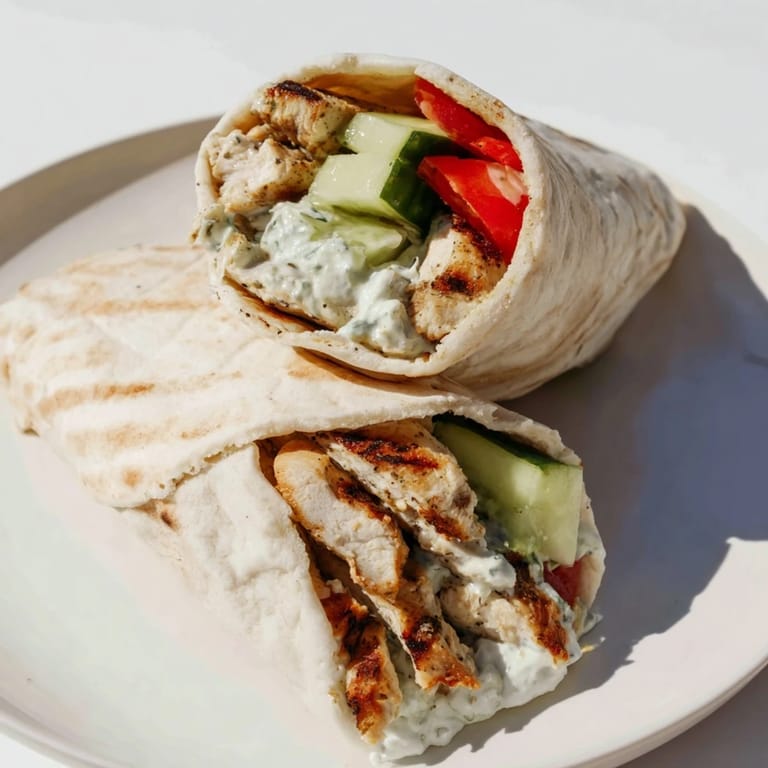 A close-up view of a Greek Chicken Wrap, revealing charred chicken strips and vibrant diced tomatoes and cucumber.