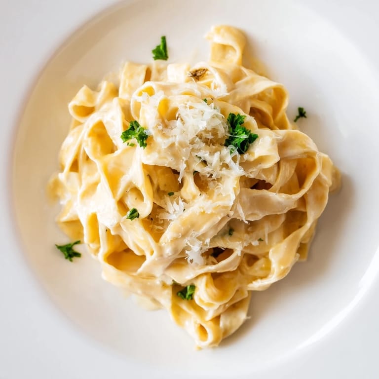 Plate of Roasted Garlic Cream Pasta with a golden, roasted garlic clove resting beside the creamy, inviting noodles.