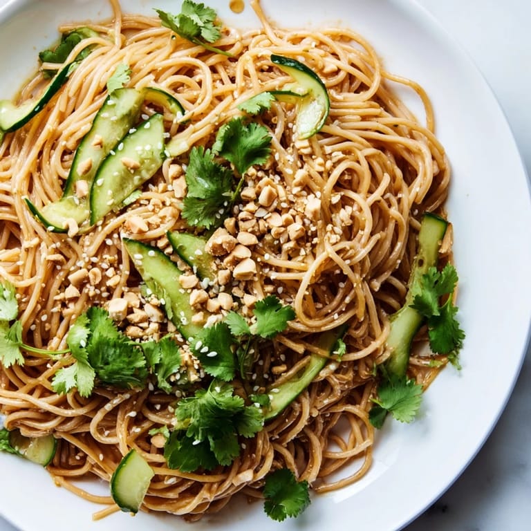 A close-up view of Spicy Sesame Noodle Salad ready to be served as a light vegetarian lunch or dinner.  