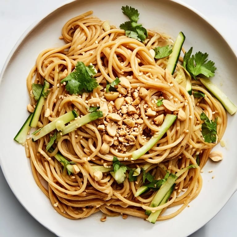 A refreshing bowl of Spicy Sesame Noodle Salad featuring julienned cucumbers, chopped peanuts, and a bold chili-soy dressing.