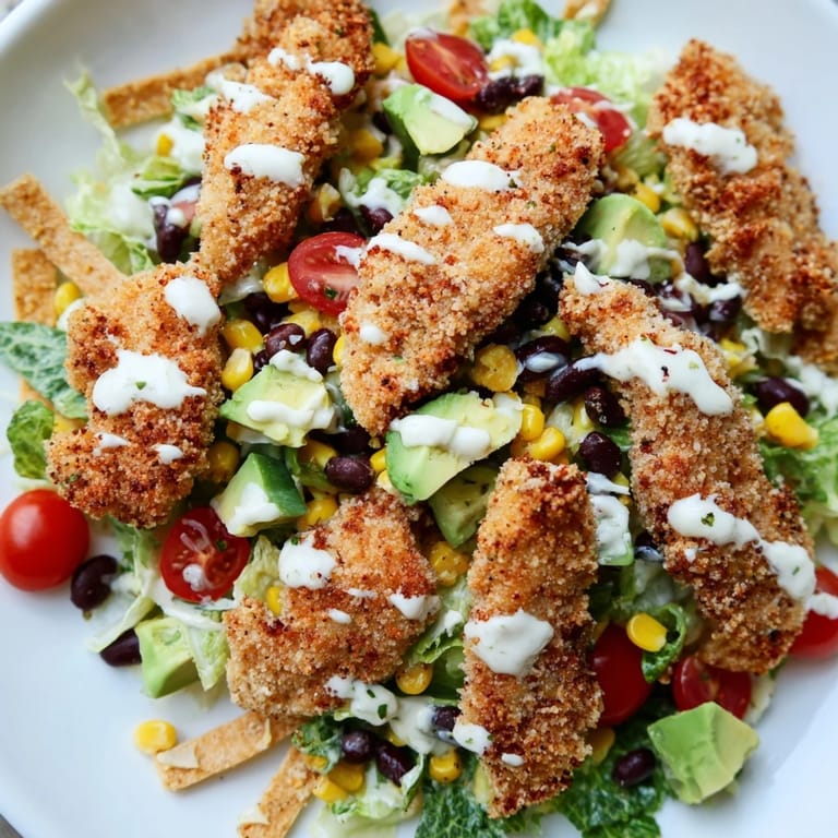 Sizzling spiced crispy chicken topped salad with red onions and crunchy tortilla strips, served ready to eat with a side of salsa ranch.