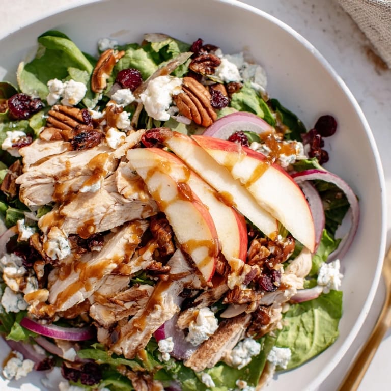 A plated serving of Caramel Apple Chicken Salad showcases vibrant red onion, dried cranberries, and crumbled feta cheese.