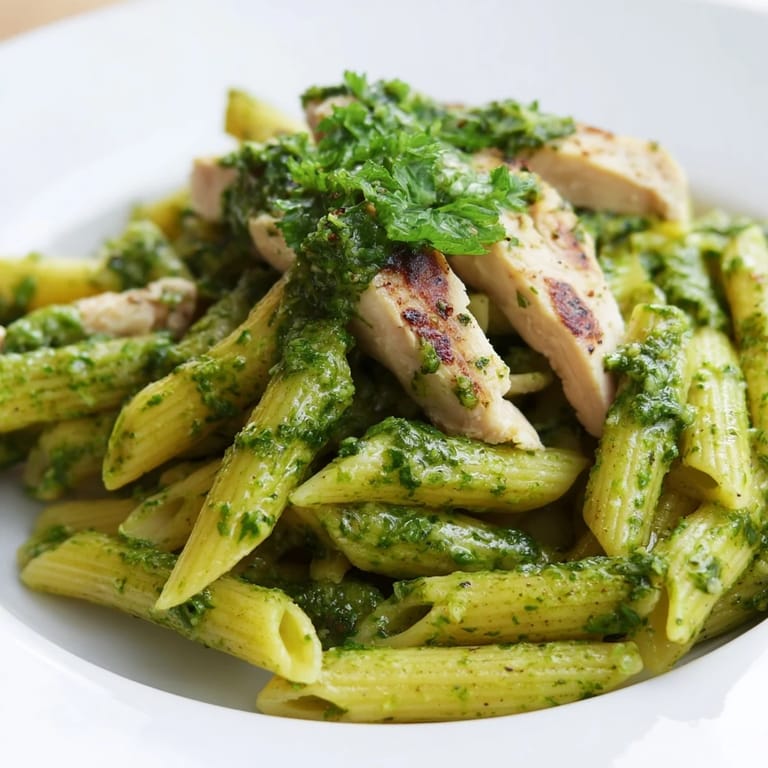 In a rustic skillet, chimichurri chicken pasta showcases juicy grilled chicken strips and al dente pasta tossed in vibrant Argentinian sauce.  