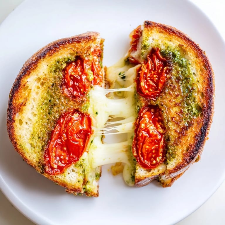 A close-up of the crispy, golden-brown exterior of a Roasted Tomato Pesto Grilled Cheese, revealing oozing cheddar and roasted tomato filling.