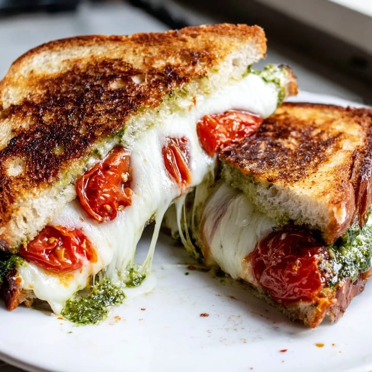 Cut in half to show the gooey cheese and vibrant roasted tomatoes inside this comforting Roasted Tomato Pesto Grilled Cheese sandwich.