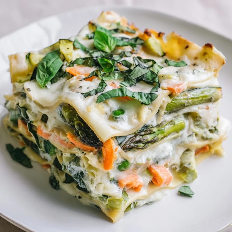 A close-up view of Spring Veggie Alfredo Lasagna with golden cheese, fresh basil garnish, and colorful carrots and peas peeking through the creamy layers.