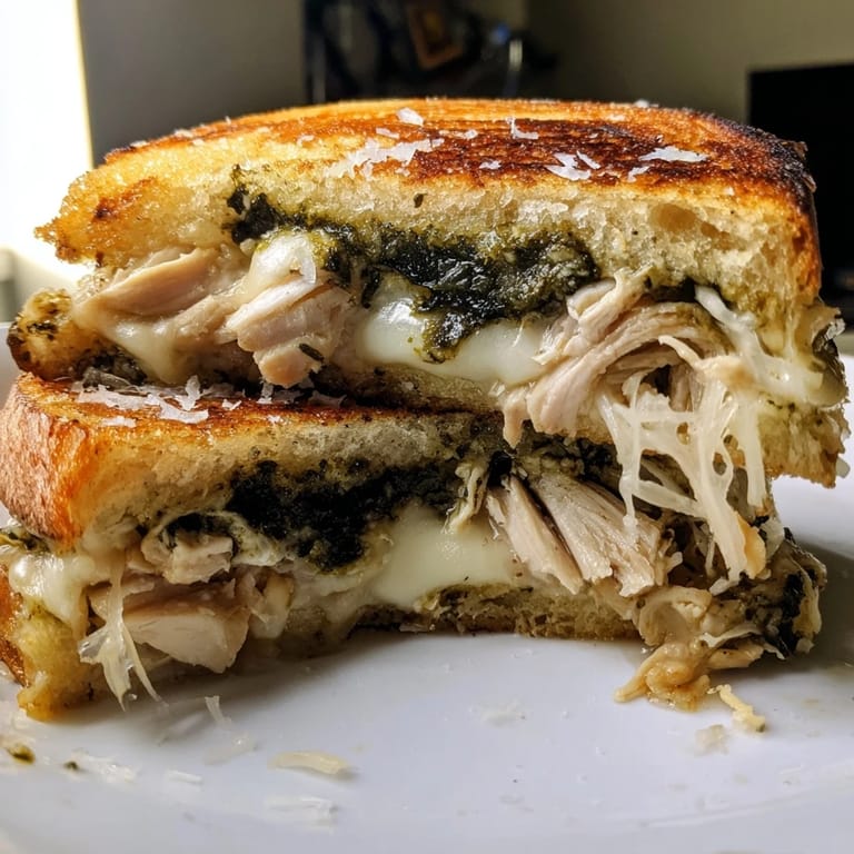 Toasted Mozzarella Pesto Chicken Grilled Cheese cut diagonally, revealing juicy chicken and gooey cheese layers.