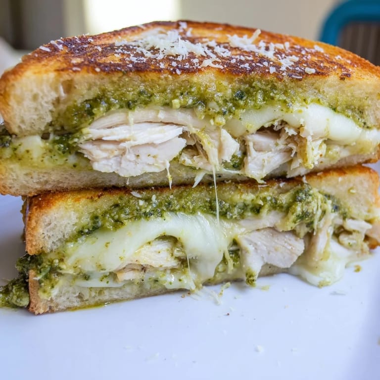 Freshly made Mozzarella Pesto Chicken Grilled Cheese served hot, with melted mozzarella and basil pesto.