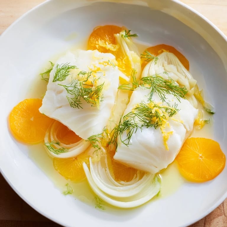 A vibrant Mediterranean poached cod and fennel dish topped with fresh orange zest and a light, aromatic broth.