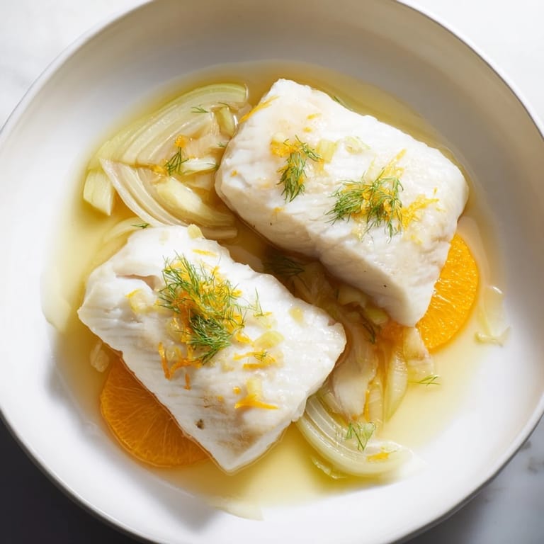 Easy gluten-free poached cod with fennel and orange, served steaming hot on a plate for a healthy main course.