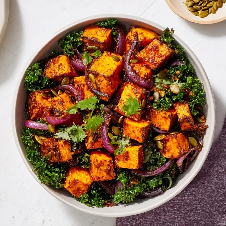 Hearty roasted red kuri squash cubes glisten with maple glaze, mingling with sautéed kale and red onion in a warm, inviting dish.  