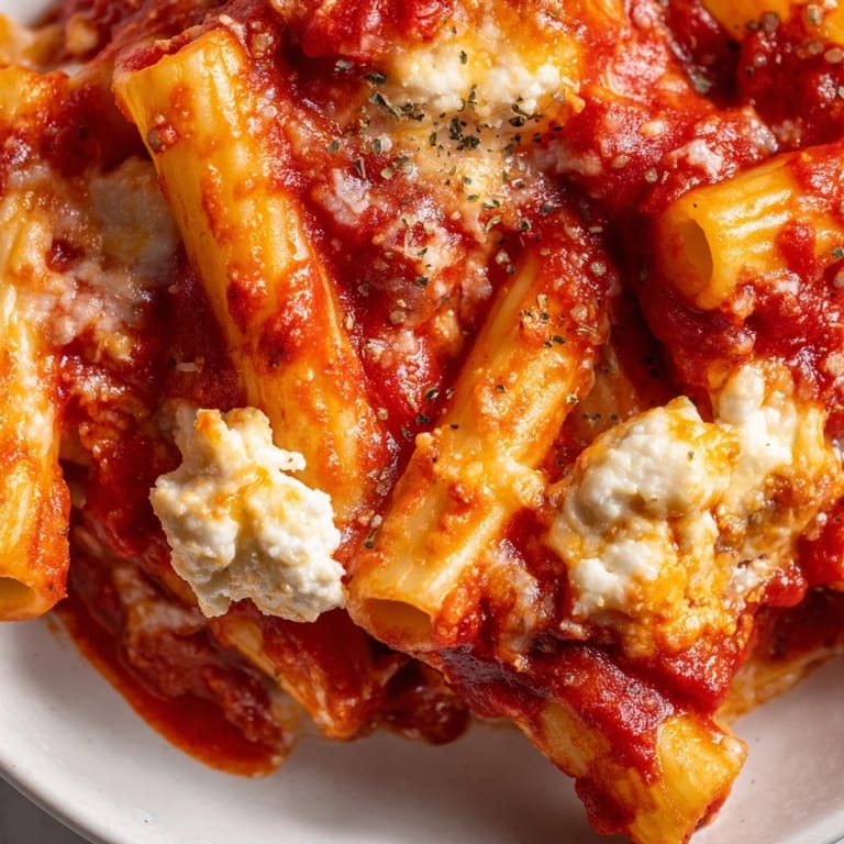 Freshly baked Freezer Make-Ahead Baked Ziti served family-style, revealing cheesy layers of pasta and savory Italian-American sauce.  