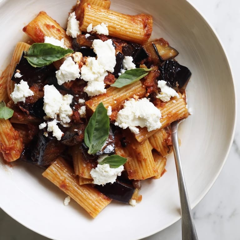 Perfectly al dente rigatoni pasta tossed in a rustic Sicilian tomato sauce with golden roasted eggplant pieces, garnished with fresh basil and a generous crumble of ricotta salata.
