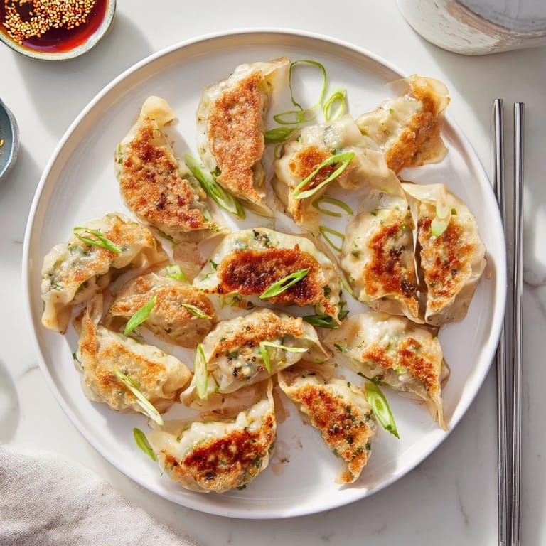 These pan-fried smashed gyozas rest on a platter, garnished with green onions and sesame seeds for a flavorful appetizer.