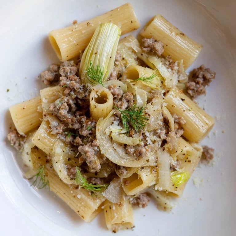 A close-up of Winter Pasta with Sausage and Fennel, showcasing the tender fennel slices and savory crumbles.