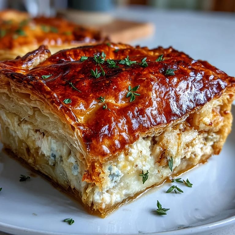 A close-up reveals the creamy chicken and leek filling inside the pie, with steam rising from the rich, savory sauce.