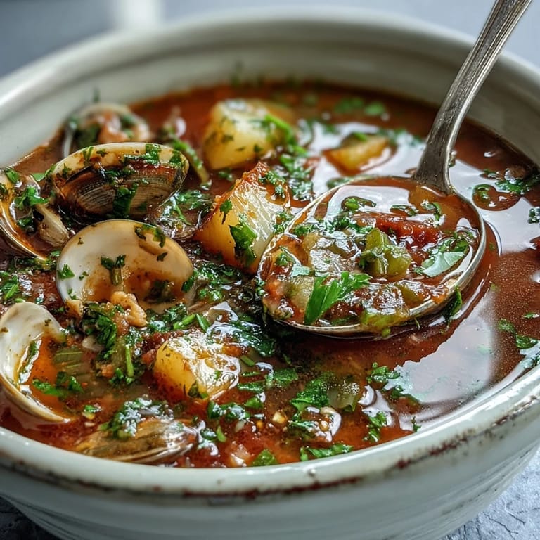 A hearty bowl of Manhattan Clam Chowder garnished with parsley, served hot with crusty bread.