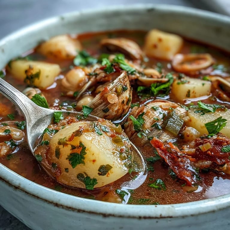 Spoonful of vibrant red Manhattan Clam Chowder revealing tender clams, carrots, celery, and diced Yukon gold potatoes.