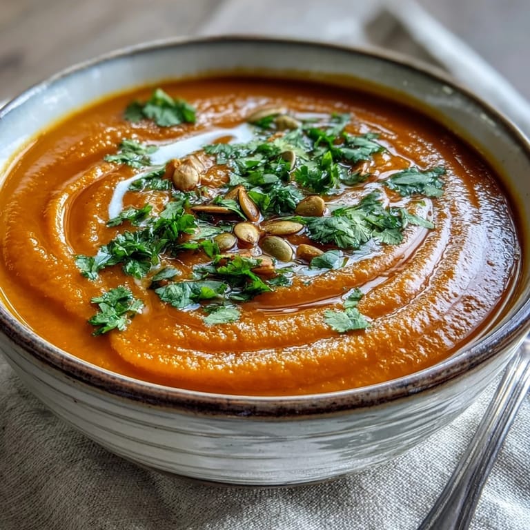 An overhead shot of creamy Carrot Ginger Soup served in a rustic ceramic pot with a slice of crusty bread on the side.