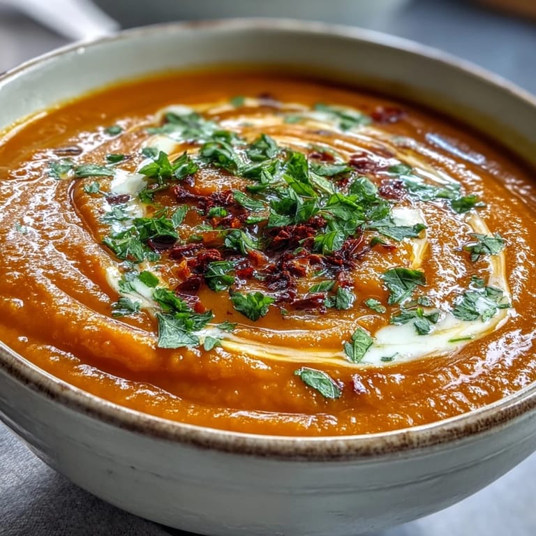 Steaming Carrot and Lentil Soup in a white ceramic bowl, with a slice of crusty bread resting on the side for dipping.  