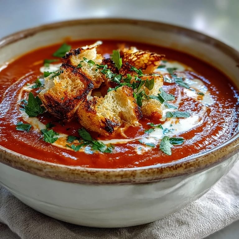 Roasted red pepper soup with crispy croutons, showing a vibrant red color and a garnish of harissa swirl.