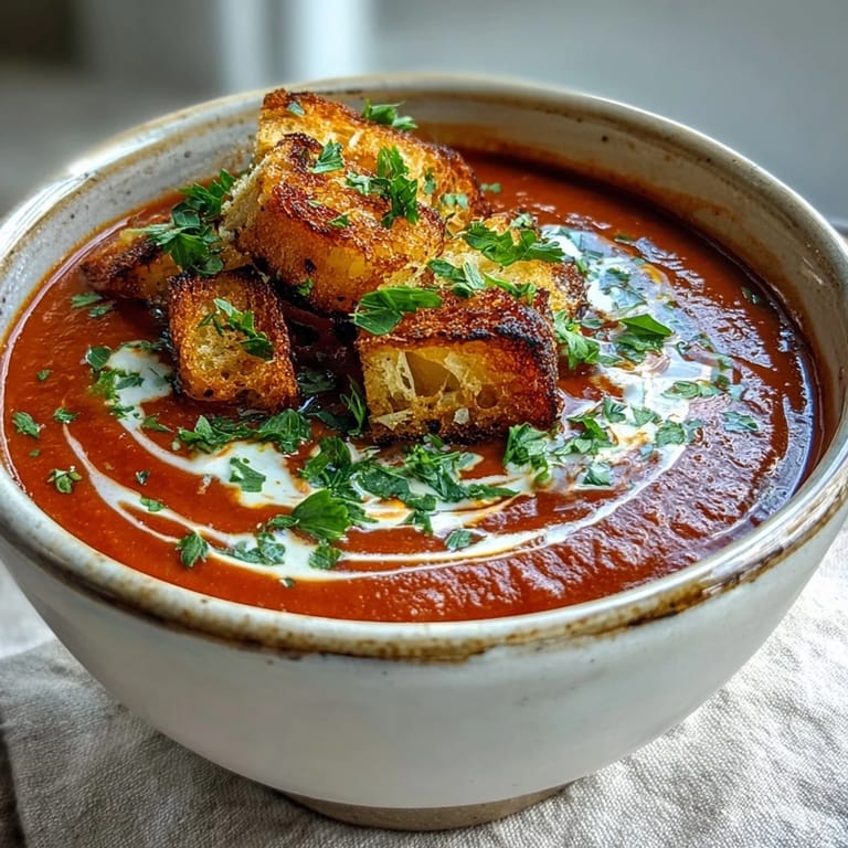 A close-up of roasted red pepper soup topped with crunchy croutons and fresh herbs, perfect for cozy lunches.