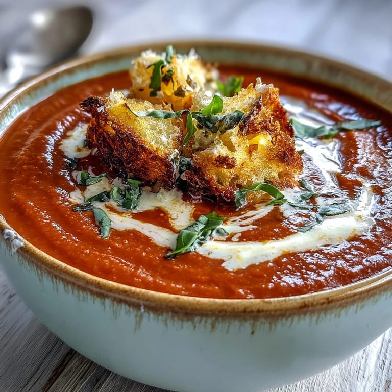 Creamy roasted tomato soup features a smooth texture and deep red color in a rustic bowl.  