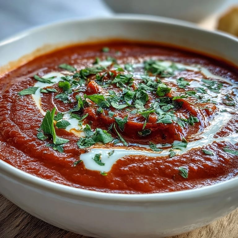 Silky smooth Roasted Red Pepper Soup in a rustic white bowl, showcasing the rich, warm red-orange color from roasted peppers and harissa.