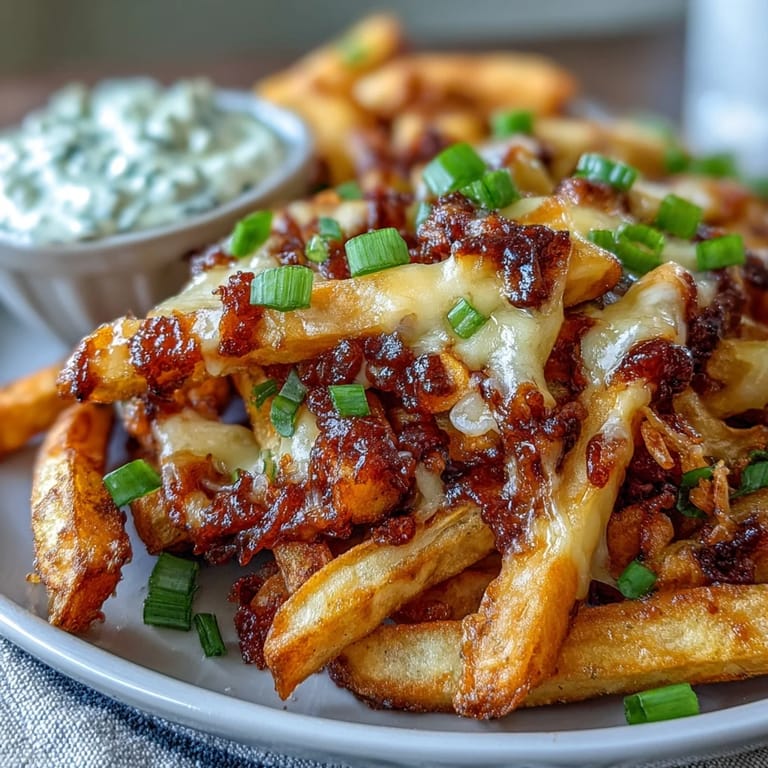 Hearty serving of Cheesy BBQ Fries with ranch dip, perfect for a game-day snack or family dinner platter.