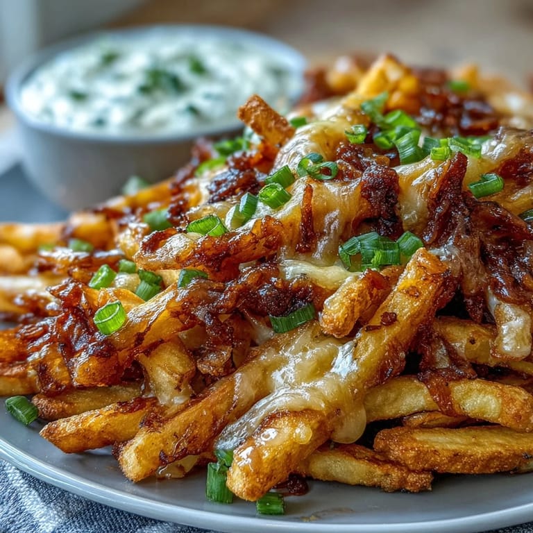 A close-up view of oven-baked Cheesy BBQ Fries with ranch dip, showing steam rising from the gooey, bubbly cheese topping.