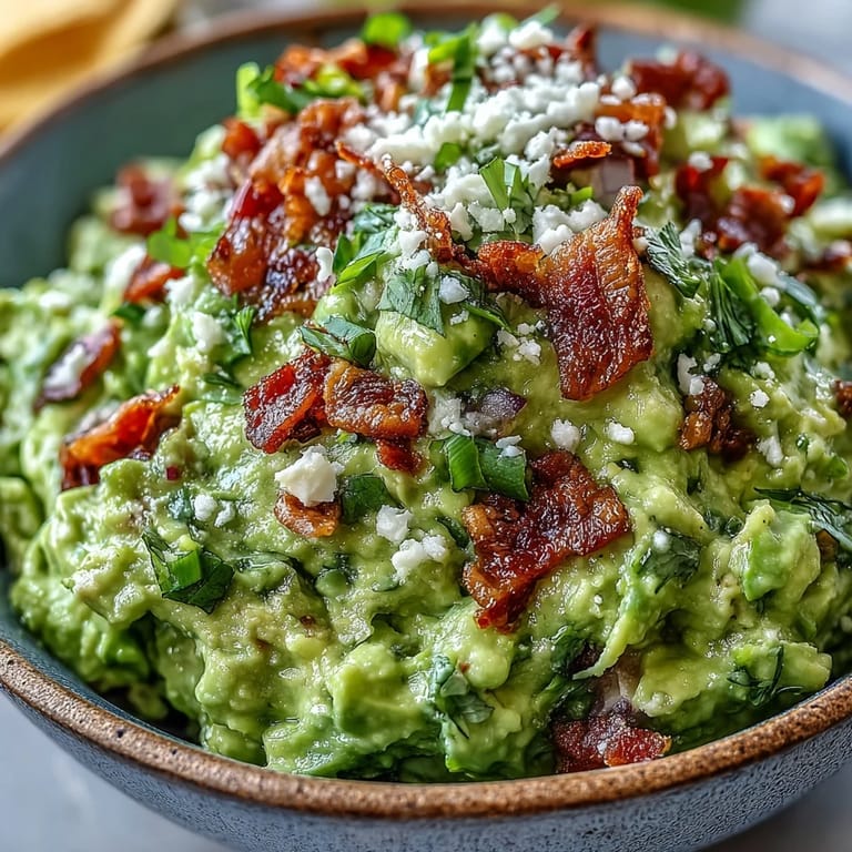 Savory Bacon Guacamole With Cotija Cheese garnished with diced tomato, red onion, and lime wedges.