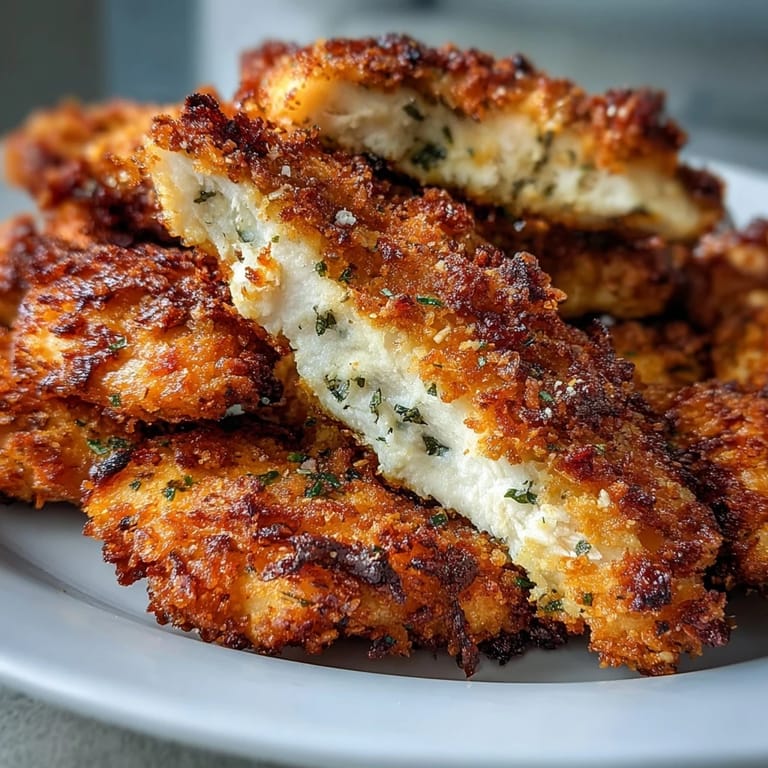 Crispy coated Air Fryer Chicken Strips with a juicy interior sitting on a wooden cutting board.