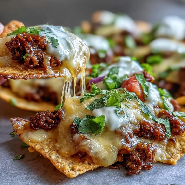 Golden, cheesy BBQ Beef Nachos served hot on a platter with all the classic toppings.