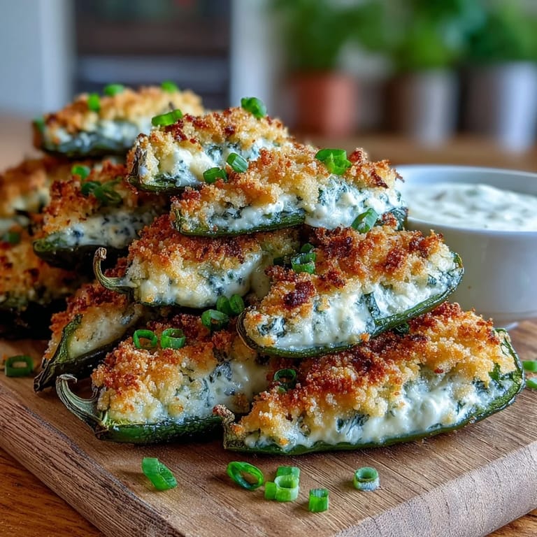 Close-up of an Air Fryer Jalapeño Popper with a golden crust, ready to be dipped in ranch dressing.