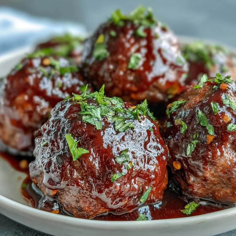 Appetizer platter of grape jelly and chili sauce meatballs with toothpicks, set beside crusty bread for dipping.