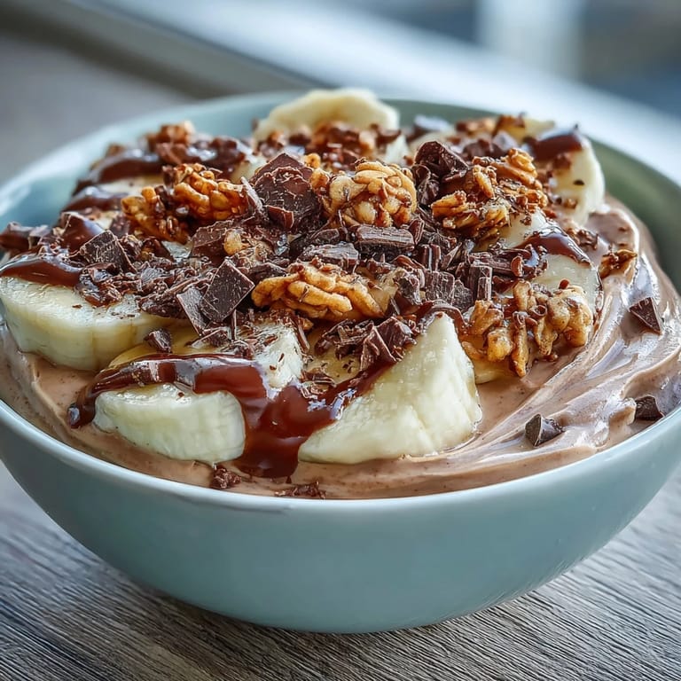 A close-up view of creamy Chocolate Peanut Butter Smoothie Bowls in a white bowl, drizzled with peanut butter and served with a spoon.