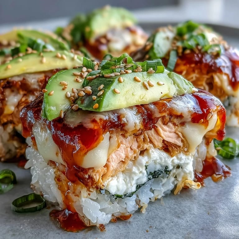 Freshly baked Spicy Salmon Sushi Bake topped with green onions and sesame seeds, served in a ceramic dish.