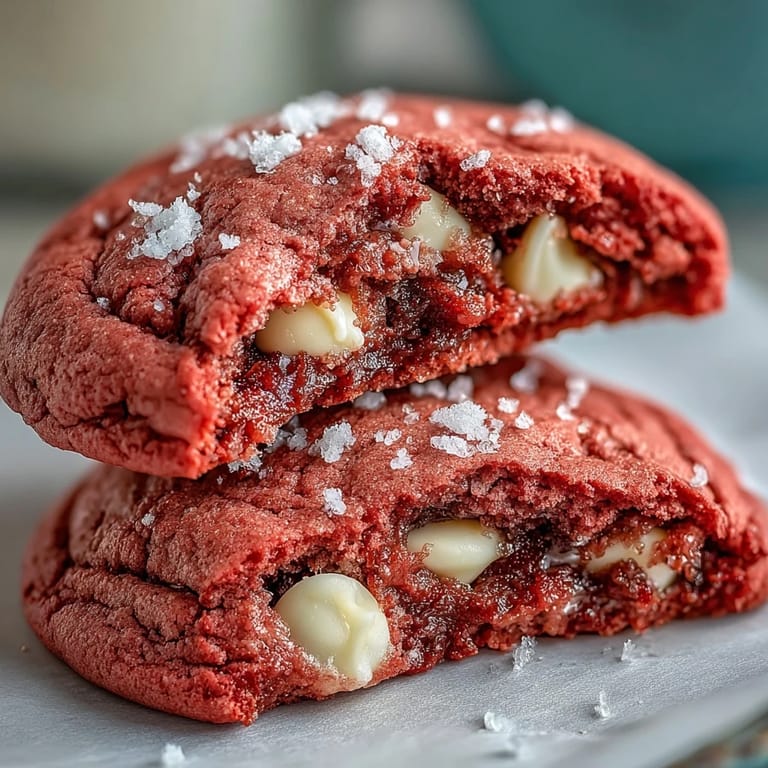 Close-up of Pink Velvet Cookies dough with white chocolate chips, highlighting the chewy texture and pink color.