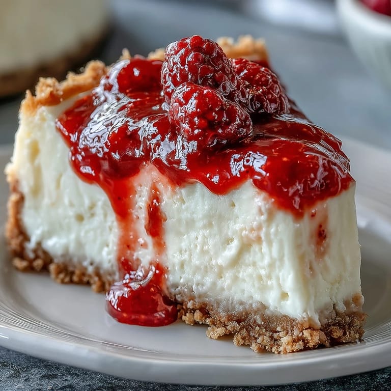 Homemade white chocolate raspberry cheesecake with a smooth filling and fresh raspberry garnish, perfect for a decadent celebration dessert.